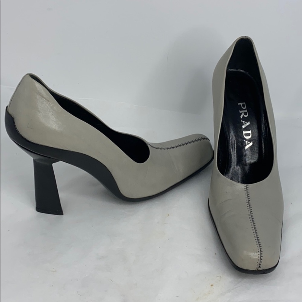 Prada Sz 38 Gray Leather Cuban Heel Pumps - Picture 4 of 15